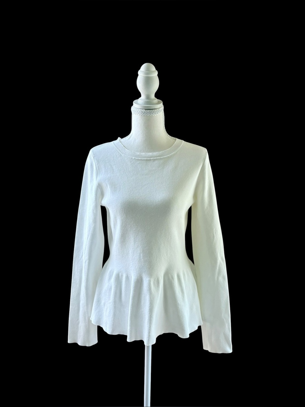 BOSS White Fine Knit Crew Neck Peplum Pullover Sweater, Women's Size M